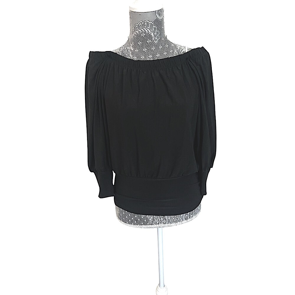 Clara S. Women's Ruched Off the Shoulder Black Long Sleeve Top Shirt Medium